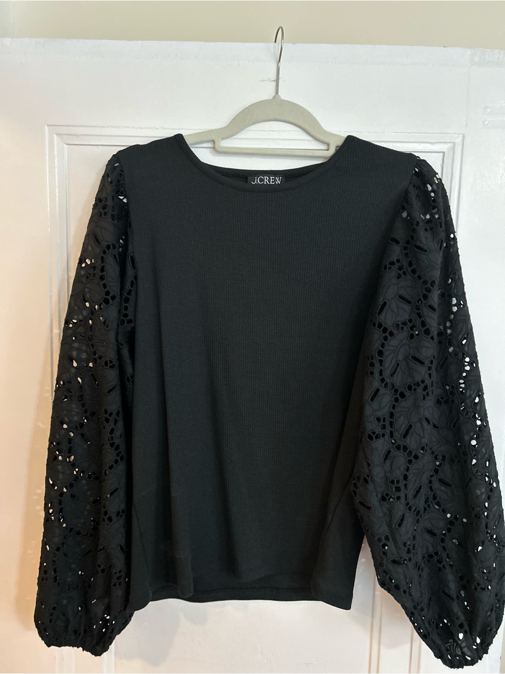 J. Crew Black Ribbed Top with Lace Balloon Sleeves